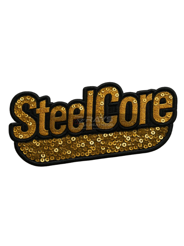 Custom Sequin Patch SteelCore Logo with Gold Sequin