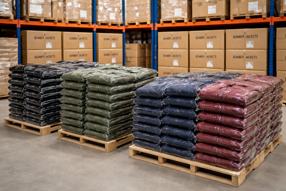 bomber jacket wholesale bulk inventory and packaging ready for shipment