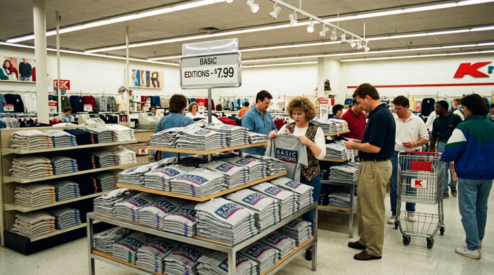 Basic Editions clothing display in Kmart during peak retail era