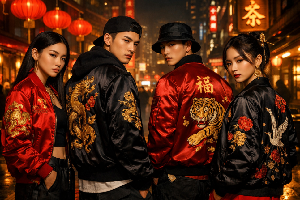 Chinese New Year jacket brand launch with models wearing red and gold streetwear jackets