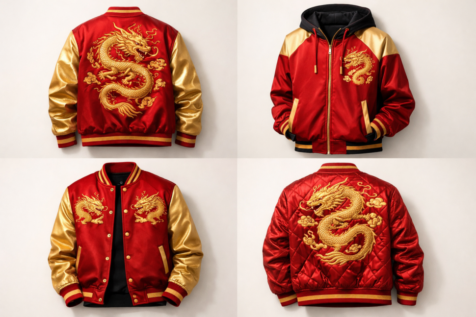 Chinese New Year jackets collection with red and gold embroidery for private label apparel brands
