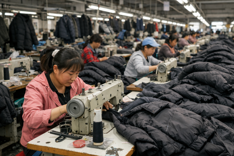 Chinese garment factory producing jackets with sewing machines and apparel production line