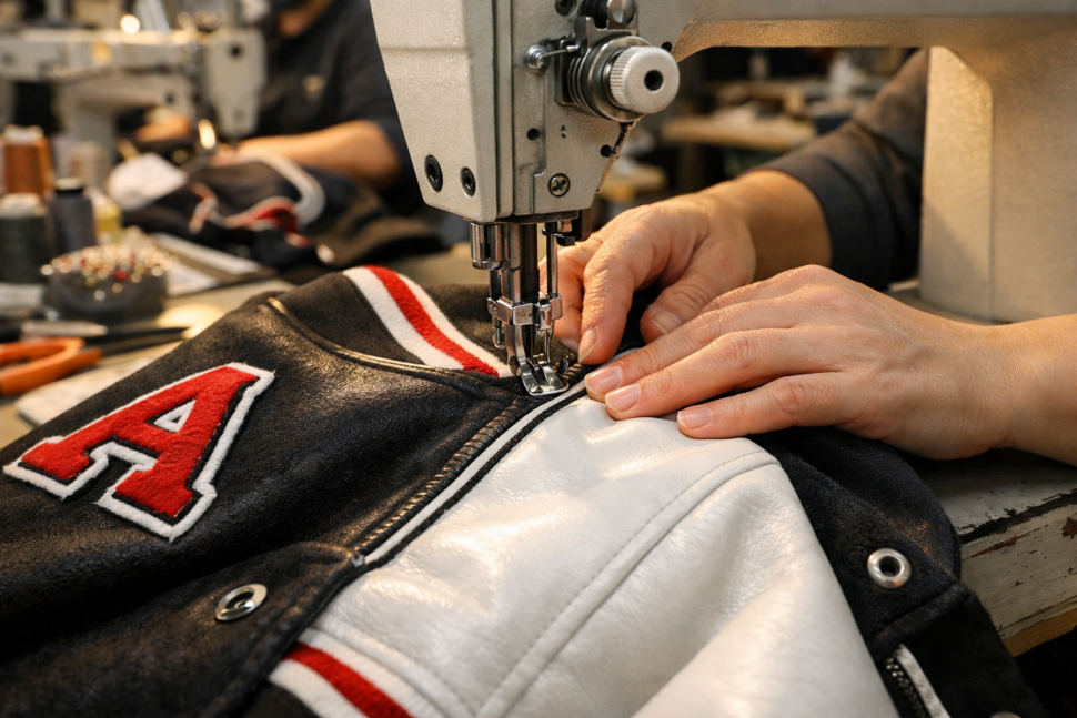 Close-up of a worker sewing custom jackets in a clothing manufacturing workshop.
