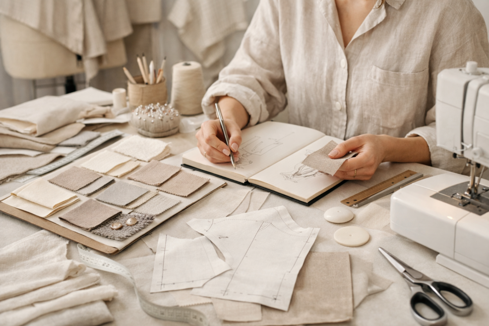 Designer creating clothing samples with fabric swatches and pattern pieces in a fashion studio