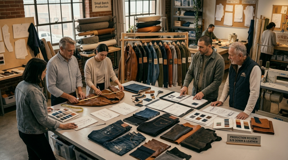 Garment manufacturing team reviewing fabric swatches and clothing samples
