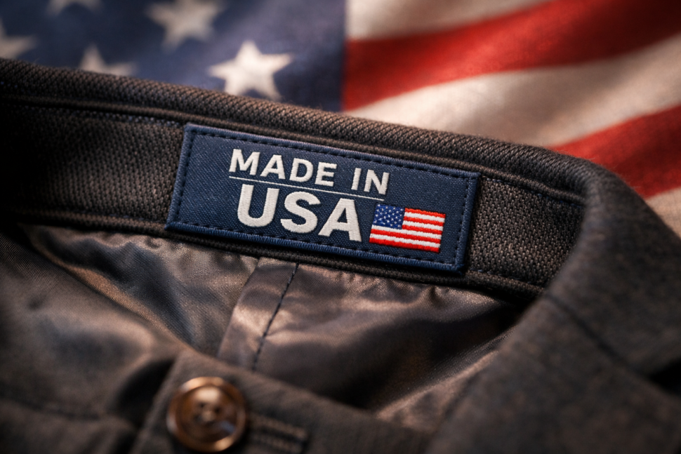 High-quality garment with 'Made in USA' label, showcasing premium apparel manufacturing.