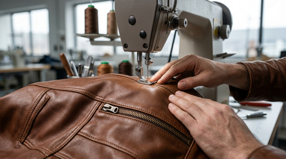 OEM garment manufacturer stitching a premium leather jacket in production
