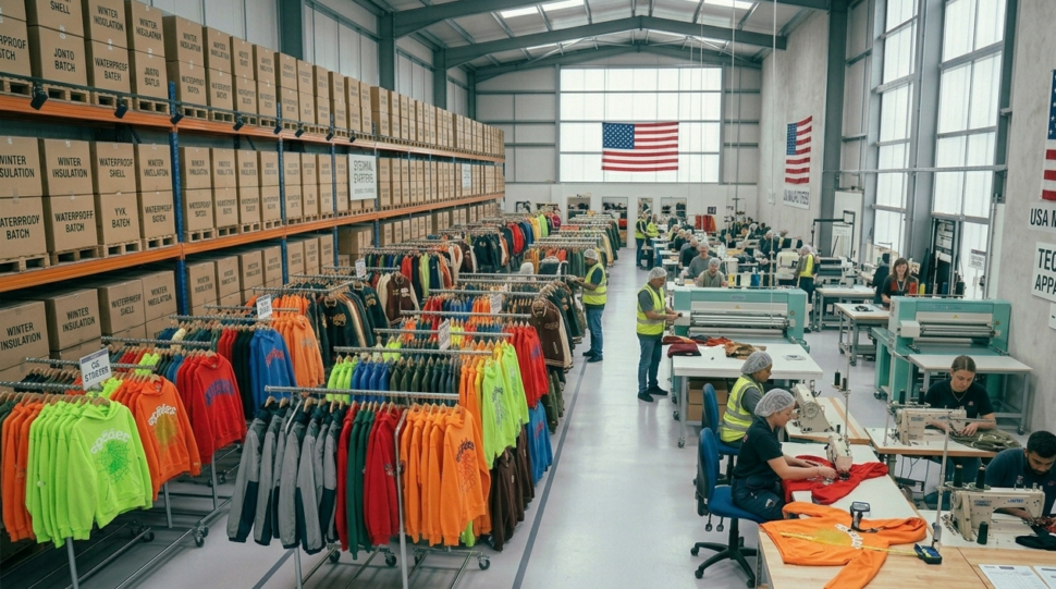 apparel manufacturing process in USA factory producing hoodies and jackets