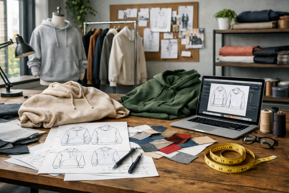 best clothing manufacturers for startups 2026 planning clothing brand with sketches and fabric samples