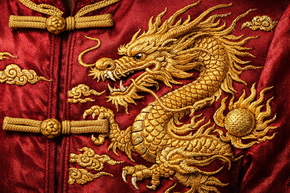 custom Chinese New Year jacket embroidery with dragon design and premium stitching detail
