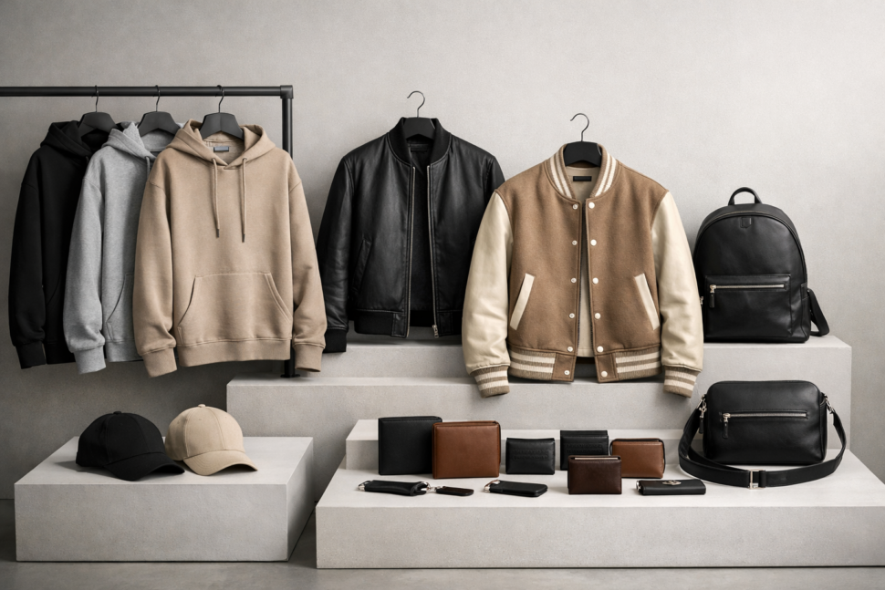 custom apparel manufacturers for small businesses producing wholesale hoodies jackets and leather wallet