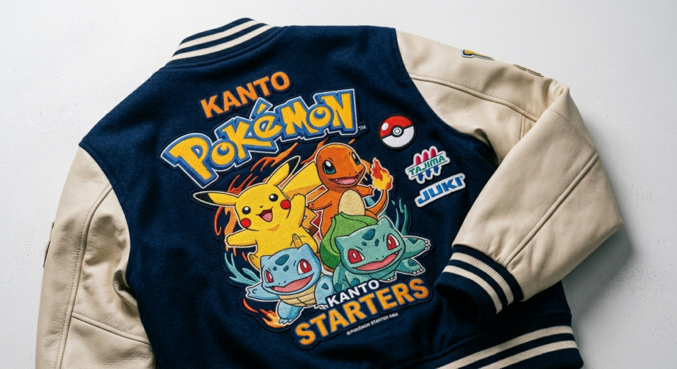 custom pokemon starter jacket embroidery and design details
