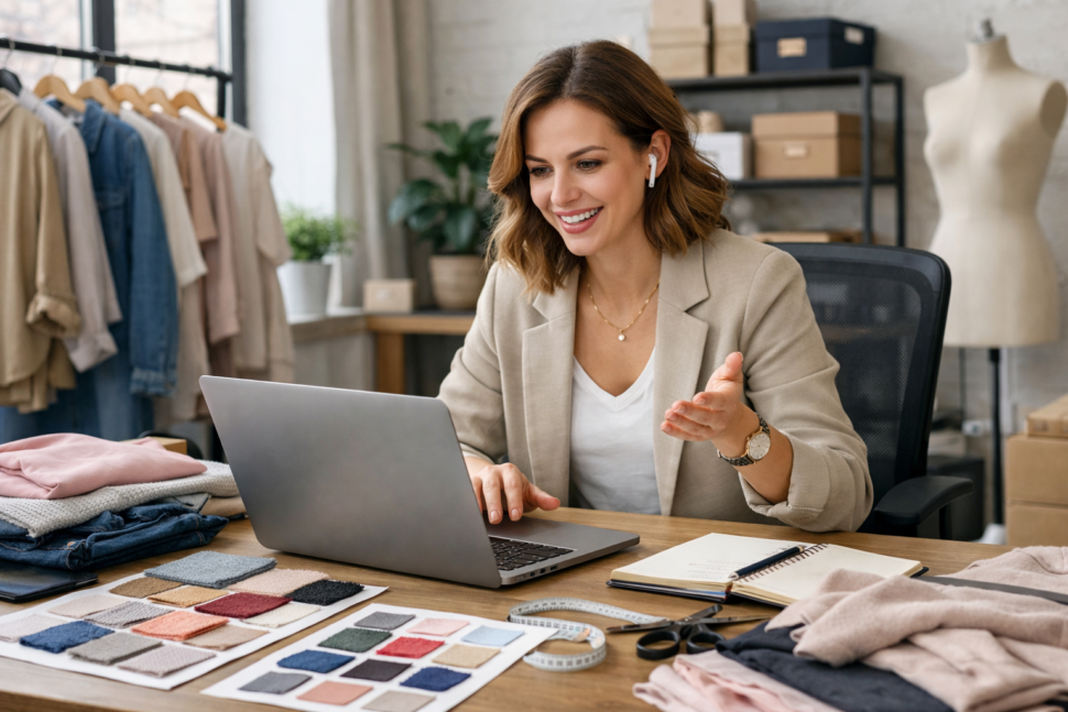 fashion brand sourcing jackets from Chinese manufacturers using laptop and product samples