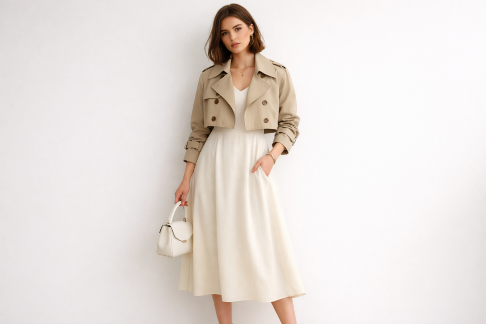 how to style a cropped trench with a midi dress spring fashion