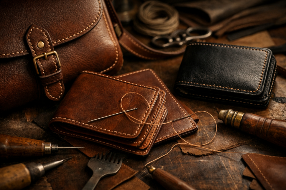 leather bags and wallets manufacturing close up stitching detail