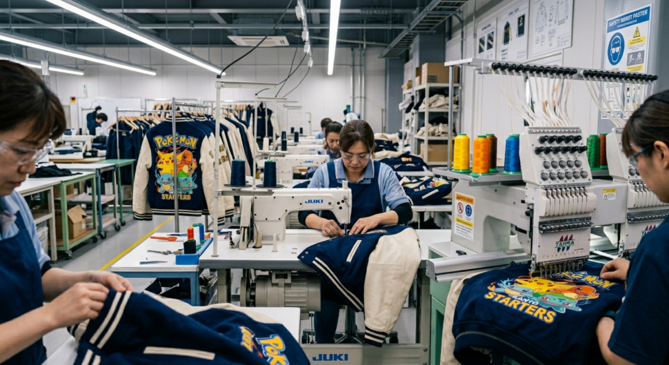 pokemon starter jacket manufacturing process in factory