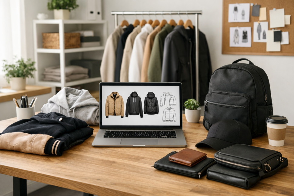 startup clothing brand workspace with apparel samples and designs