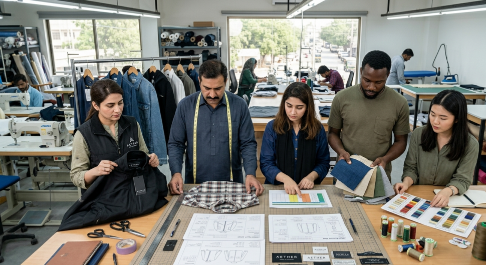 Fashion team reviewing tech packs and samples for private label clothing production