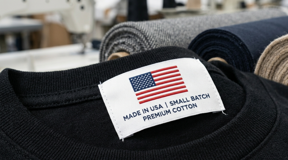 Macro view of a MADE IN USA SMALL BATCH embroidered clothing label inside a premium garment.