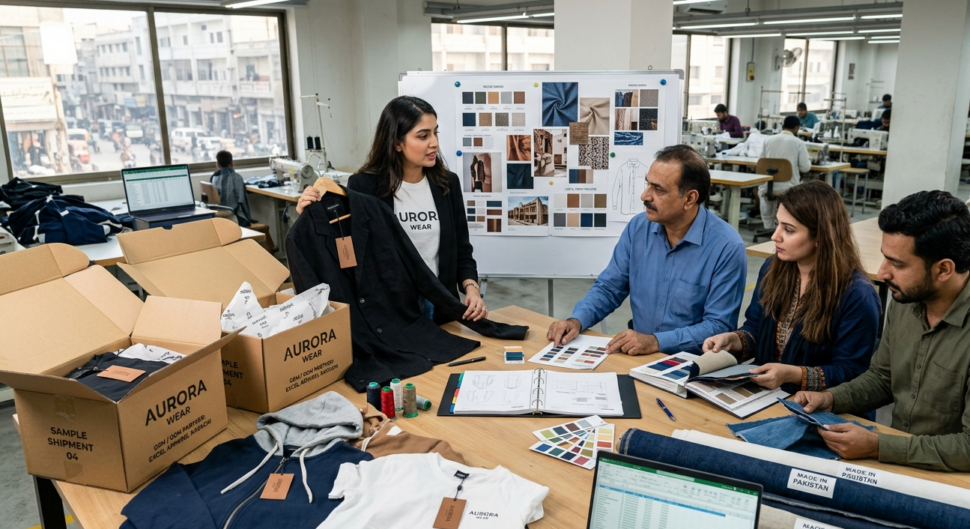 Private label garment manufacturer checking custom clothing before bulk production