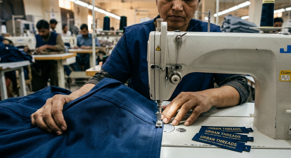 Private label shirt manufacturer stitching custom apparel with branded labels