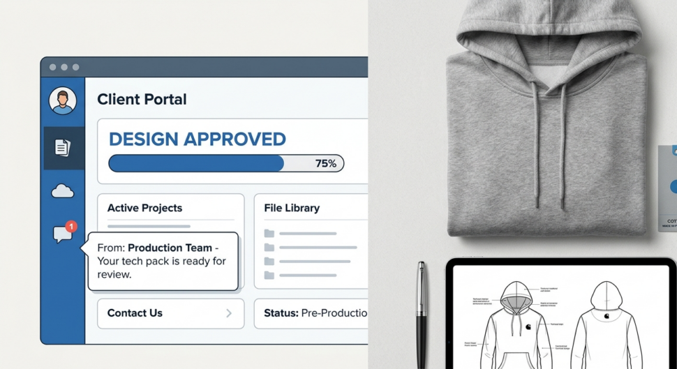 Split-screen graphic showing clear communication interface for a startup and a completed low MOQ grey hoodie prototype.