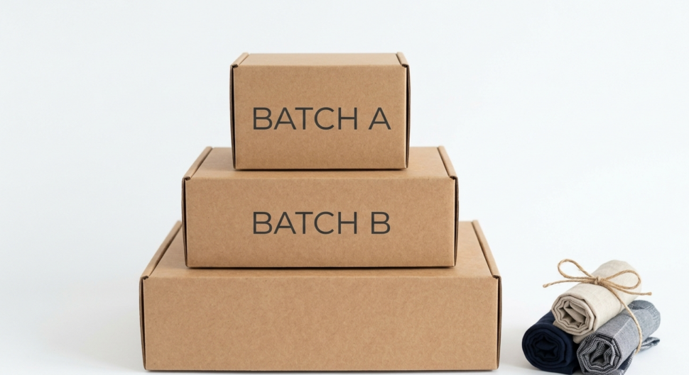 Tidy stack of organized sustainable boxes labeled 'BATCH A' and 'BATCH B', illustrating low MOQ small batch clothing inventory.