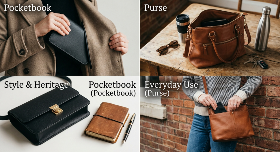 What's the real difference between a pocketbook, purse, and handbag