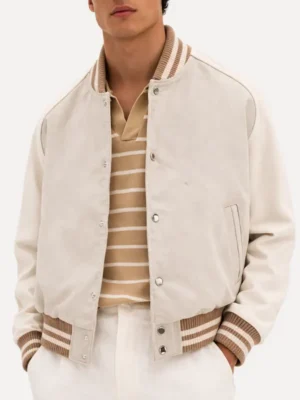 Wholesale Mens Beige Letterman Varsity Bomber Jacket