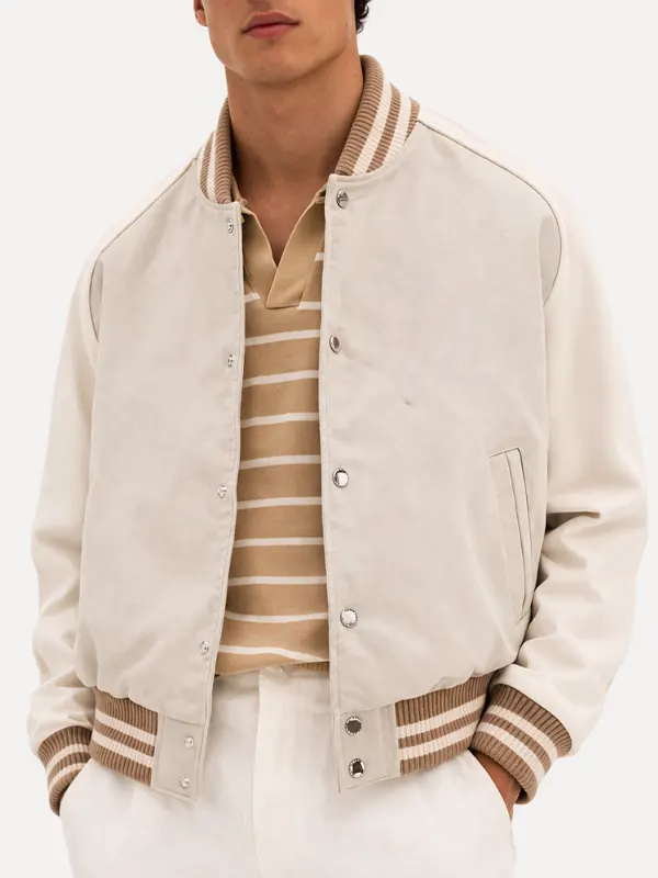 Wholesale Mens Beige Letterman Varsity Bomber Jacket