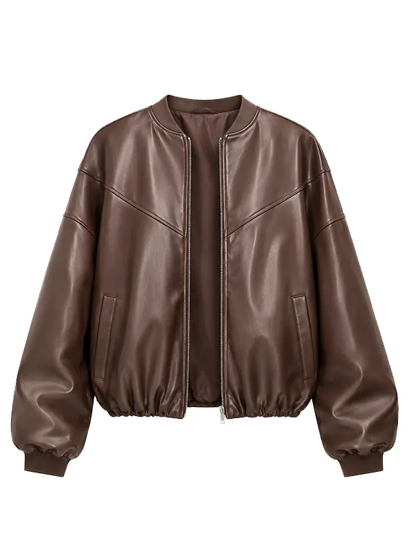 Wholesale Womens Oversized Brown Faux Leather Bomber Jacket