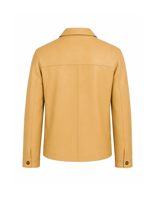 Wholesale Men Yellow Leather Button-Up Jacket with Shirt Collar - Image 2