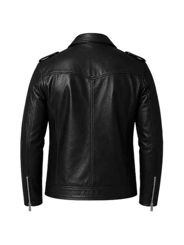 Wholesale Men Black Biker Leather Jacket with Asymmetrical Zip Closure - Image 2